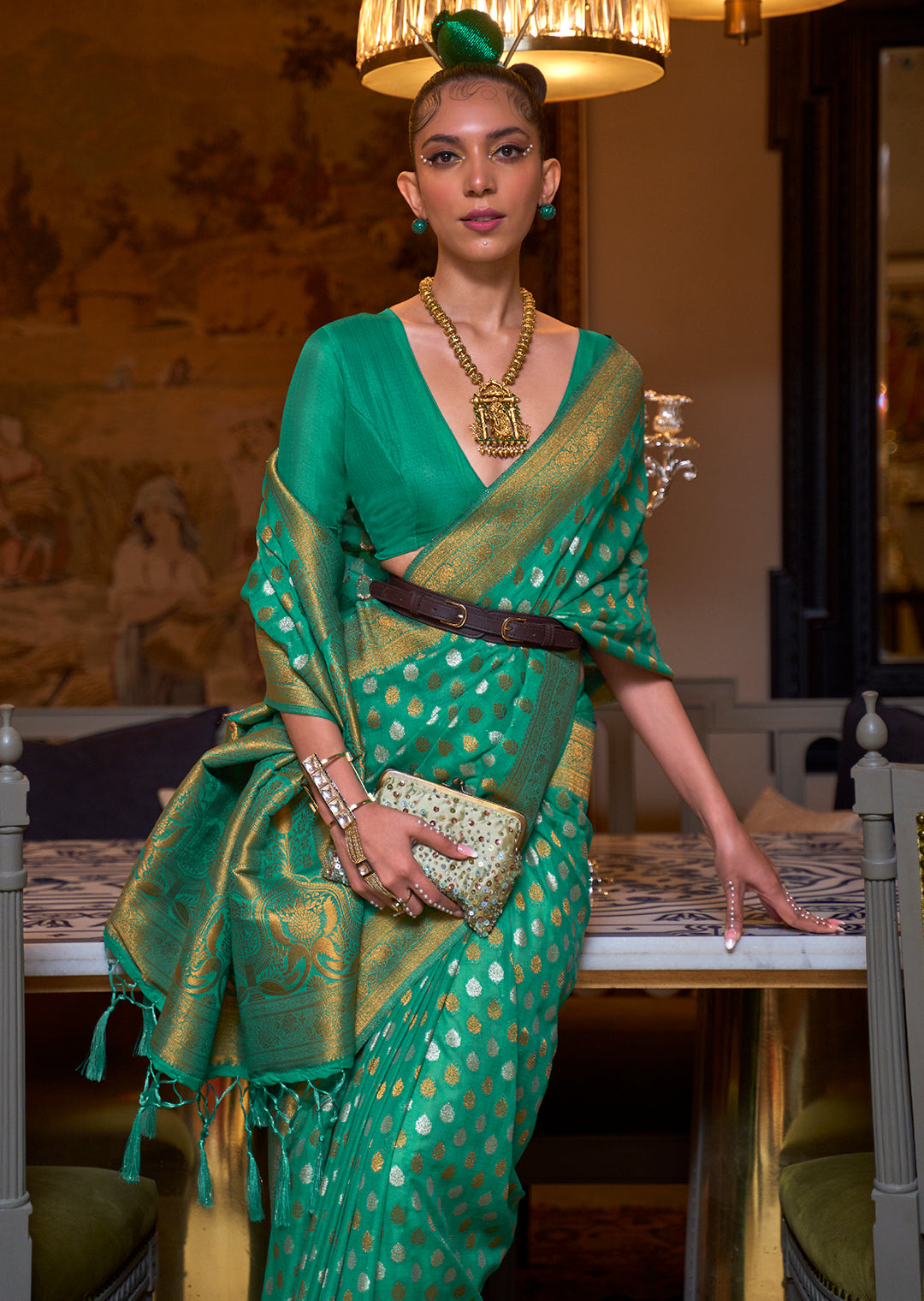 SEAFOAM GREEN	COPPER ZARI WOVEN PURE KHADDI GEORGETTE BANARASI SAREE