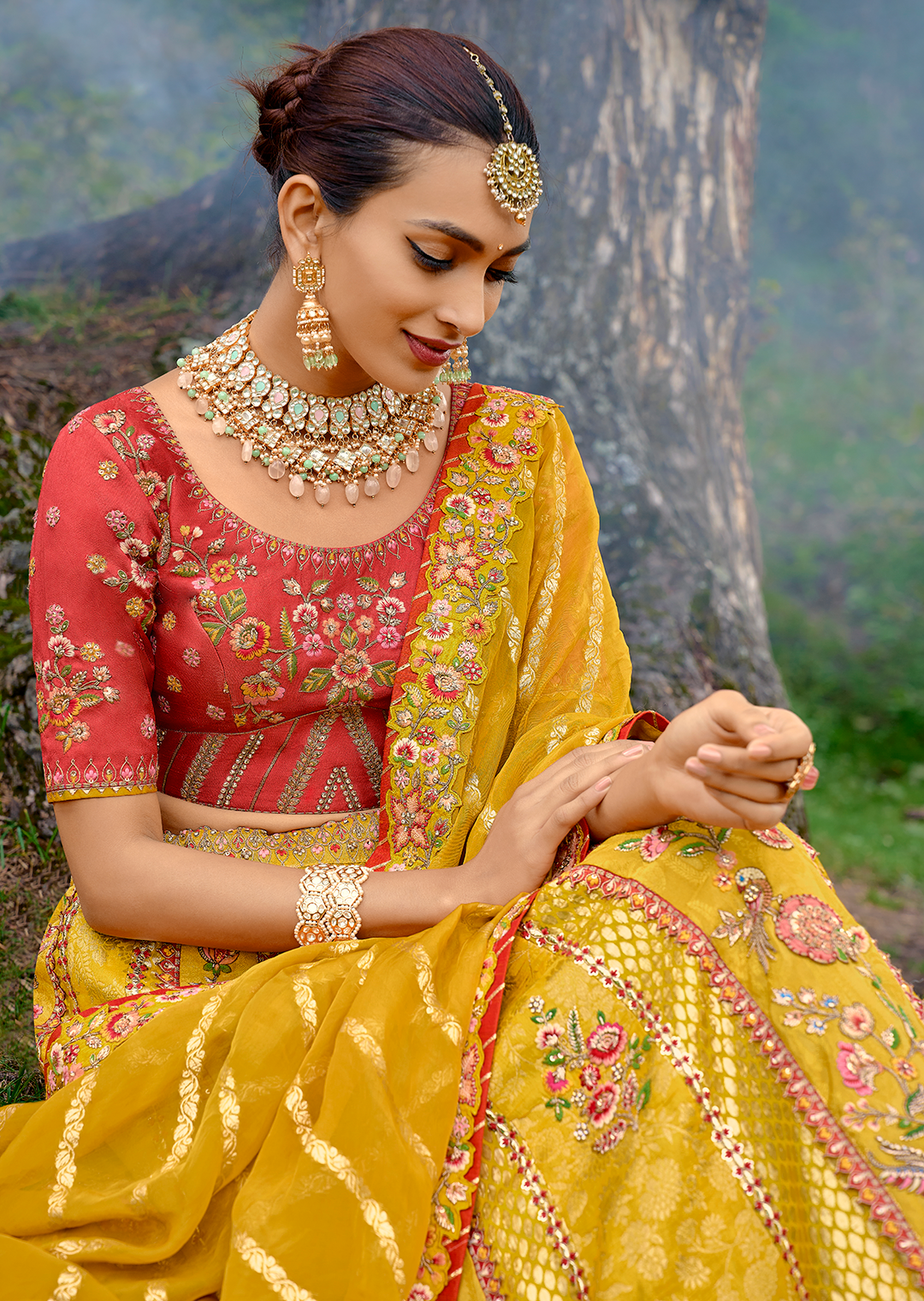 Golden Yellow Heavy Embroidered Premium Designer Silk Lehenga