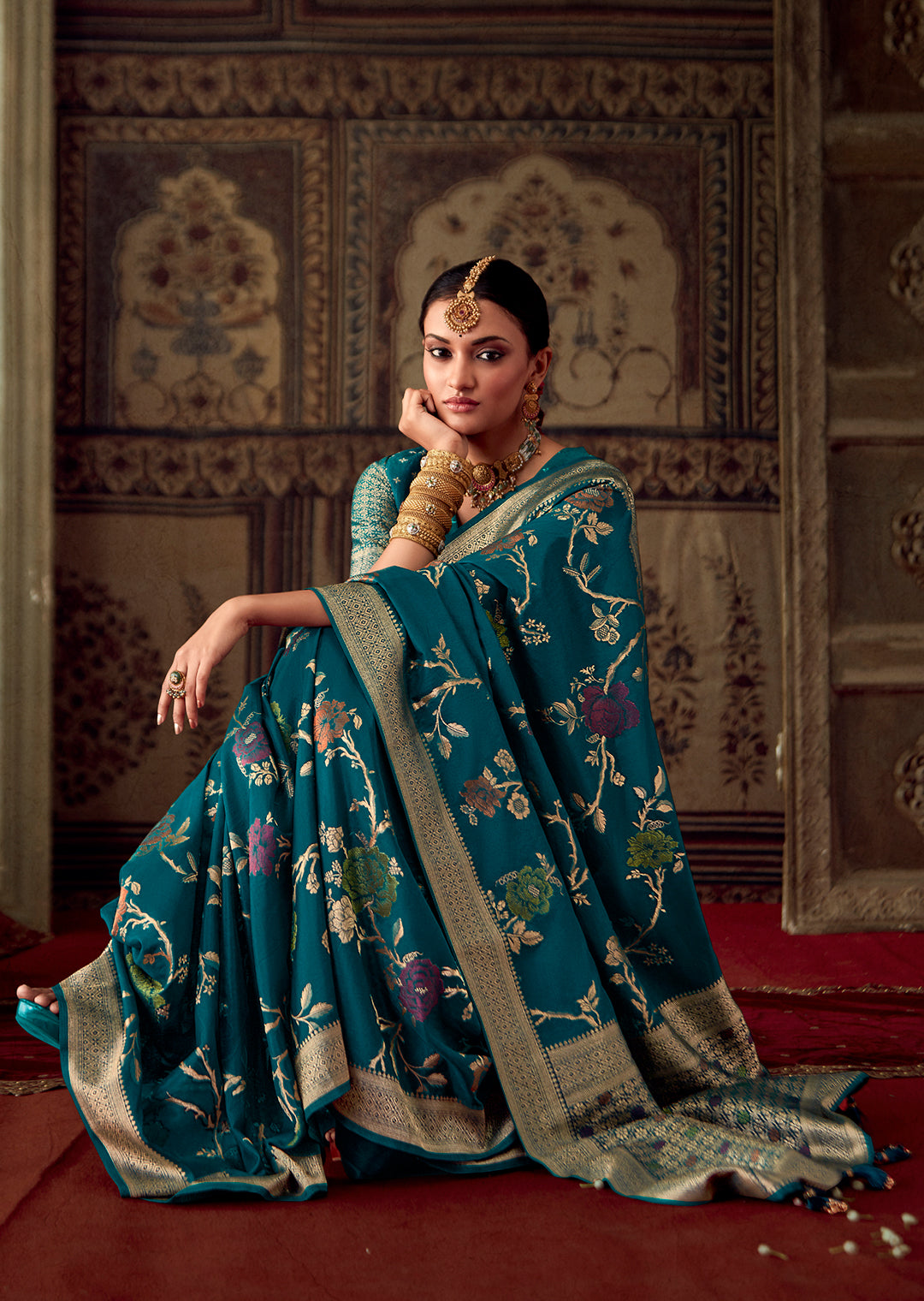 TEAL BLUE MEENAKARI WOVEN DESIGNER BANARASI SILK SAREE