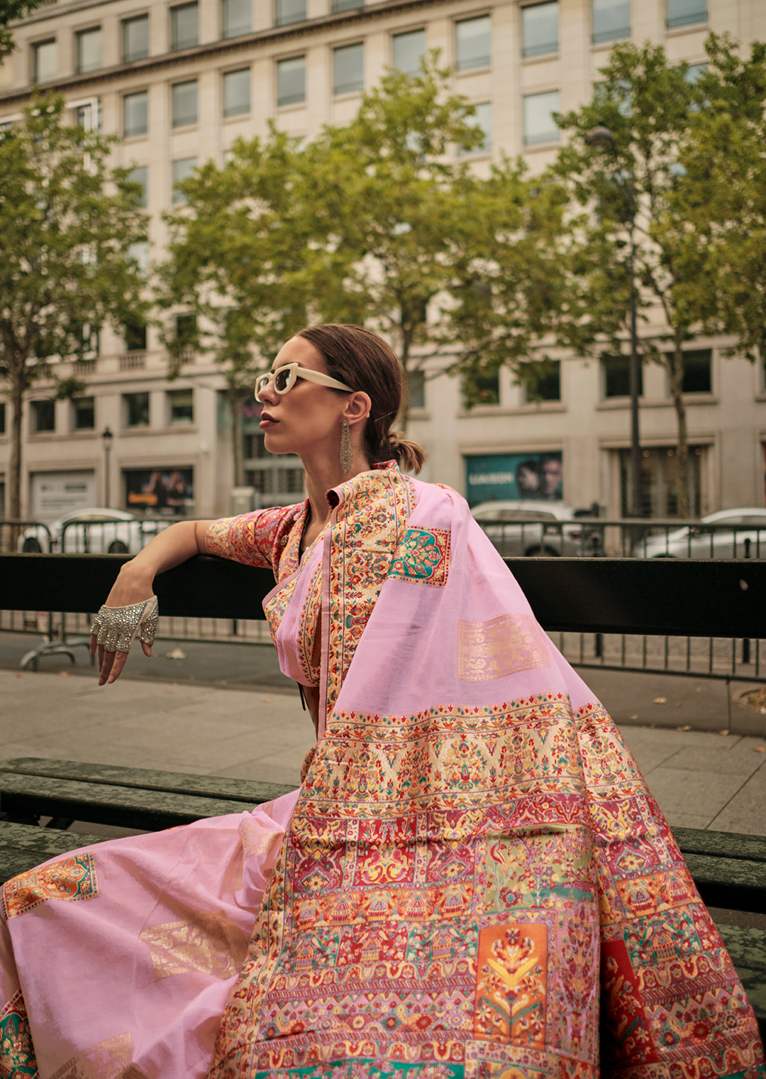 Carnation Pink Woven Pure Handloom Kashmiri Jamewar Silk Saree