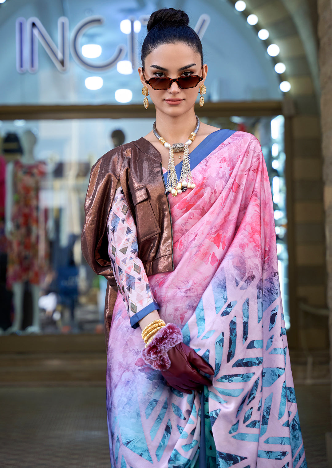 Powder Blue Woven Digital Printed Satin Crepe Silk Saree