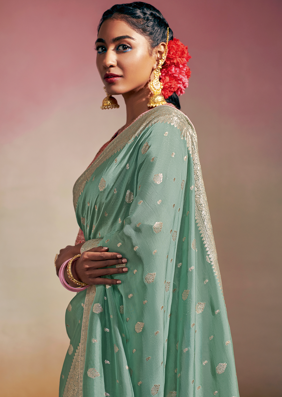 MINT GREEN WOVEN PURE CHINON CHIFFON DESIGNER SILK SAREE