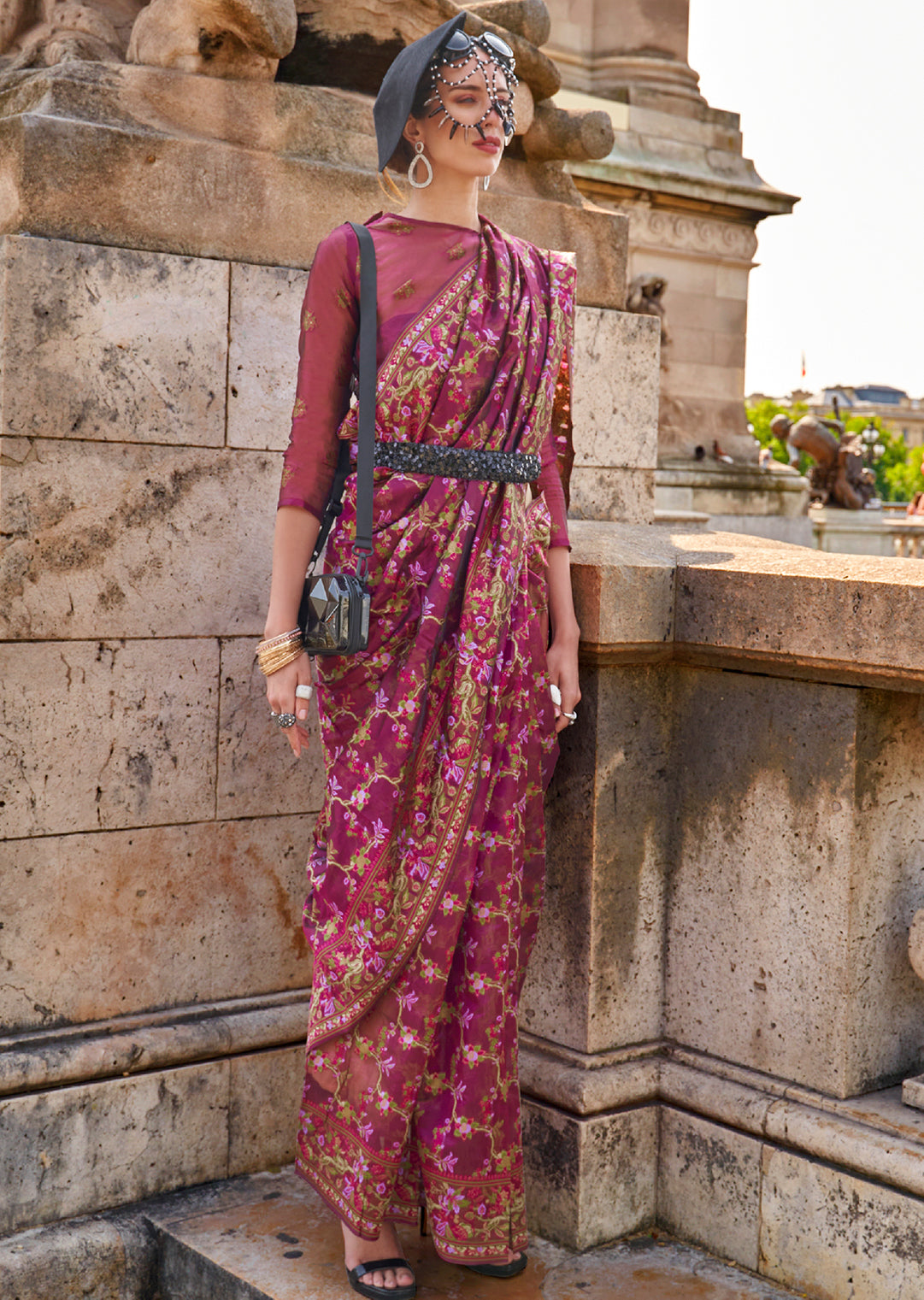 Magenta Purple Woven Pure Handloom Parsi Organza Silk Saree