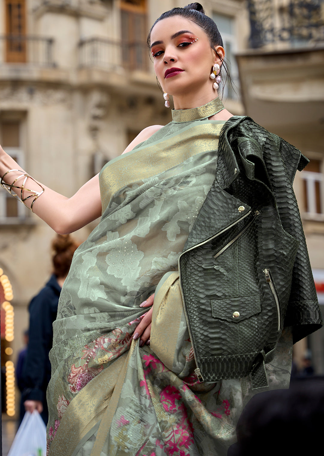 Tea Green Woven Printed Brasso Handloom Silk Saree