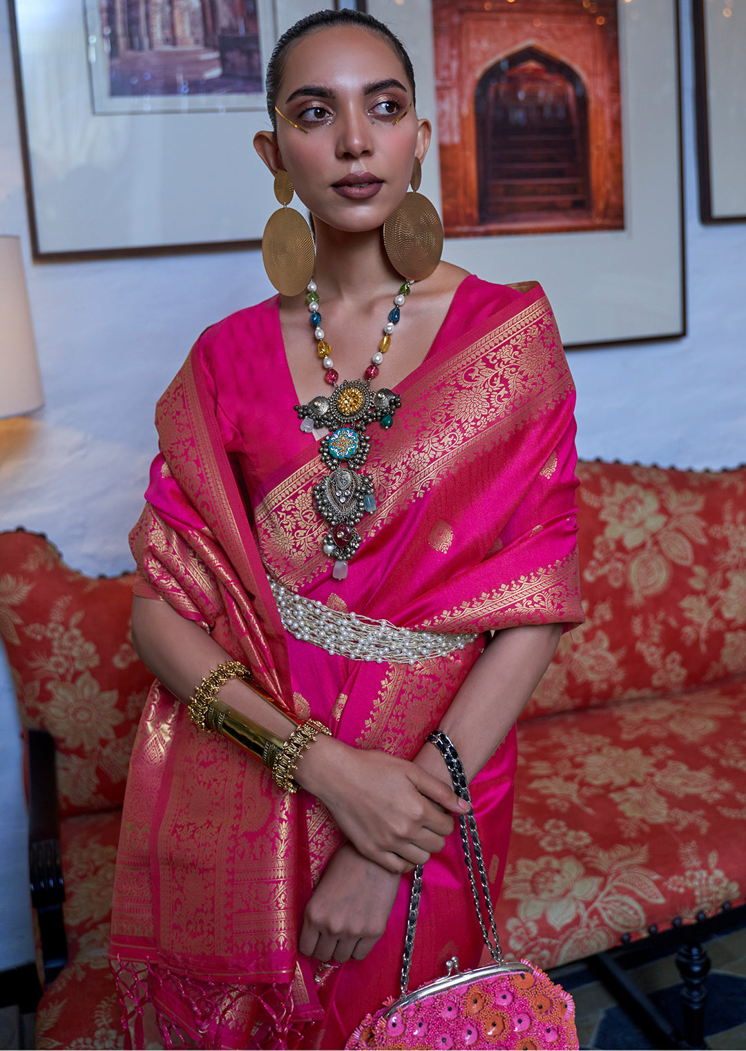 Hot Pink	Zari Woven Pure Handloom Silk Saree