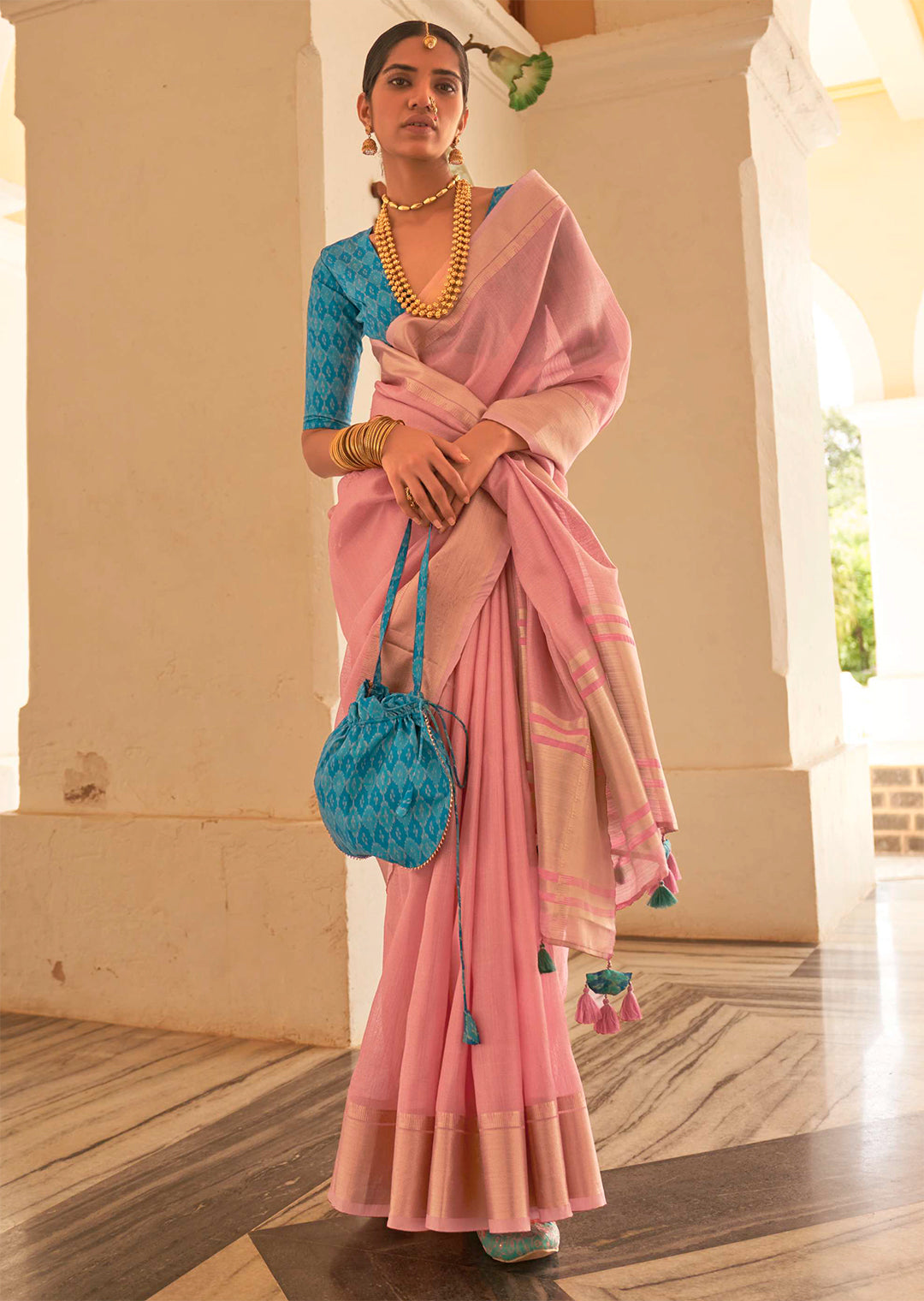 Carnation Pink Zari Woven Handloom Linen Tissue Silk Saree