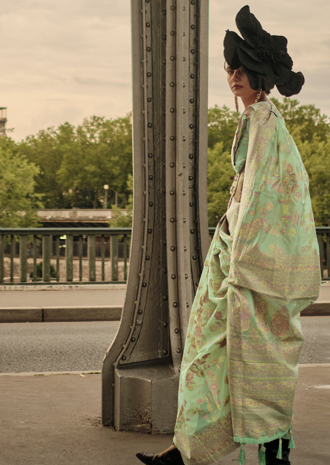 Tea Green Woven Pure Handloom Kashmiri Organza Silk Saree