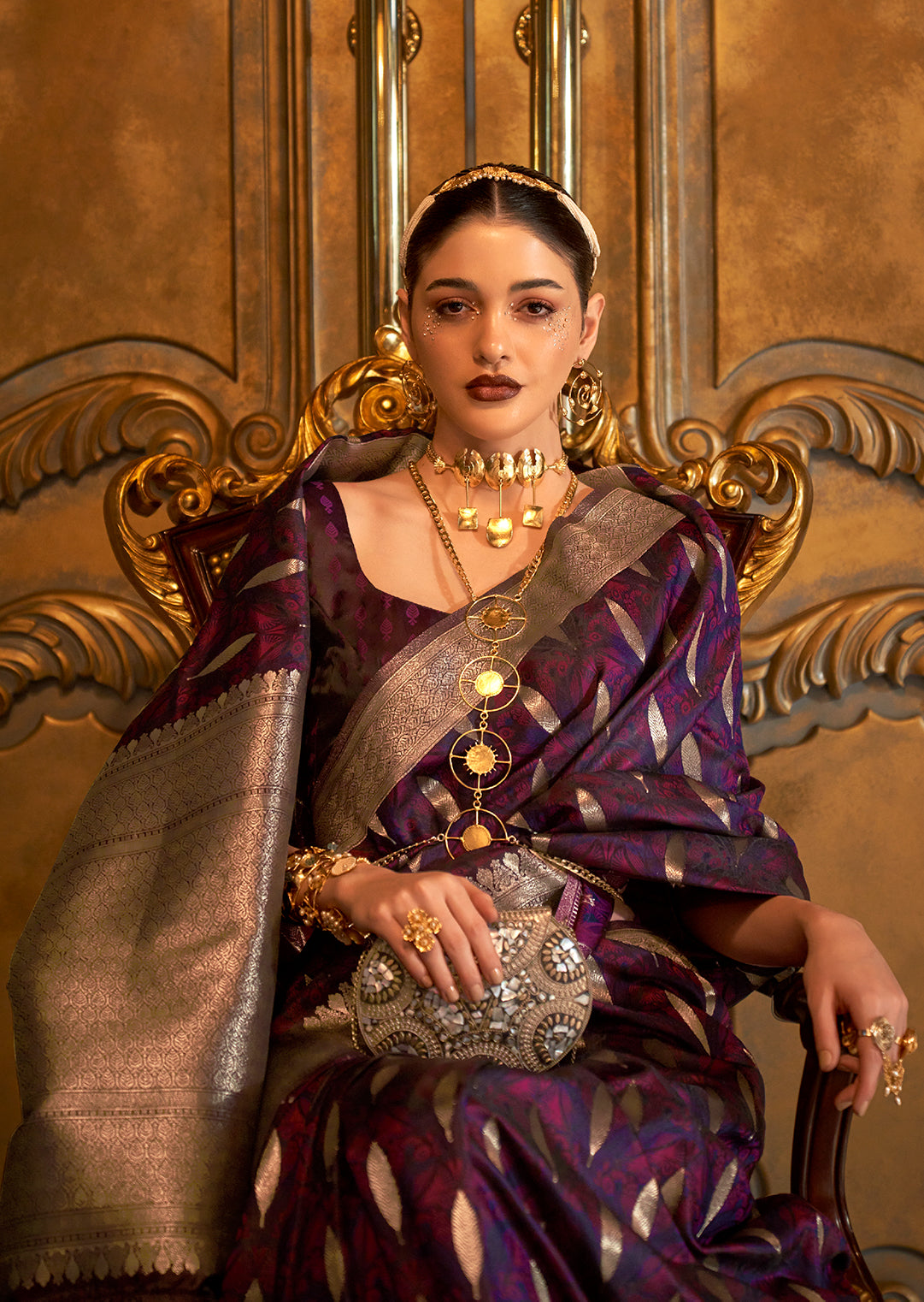 Plum Purple Zari Woven Handloom Pure Banarasi Satin Silk Saree