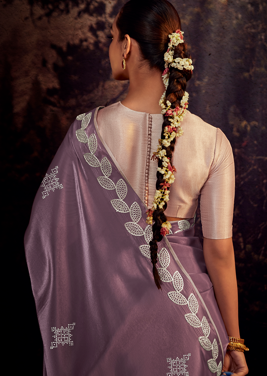 HEATHER PURPLE PURE TISSUE SILK HEAVY EMBROIDERED DESIGNER SAREE