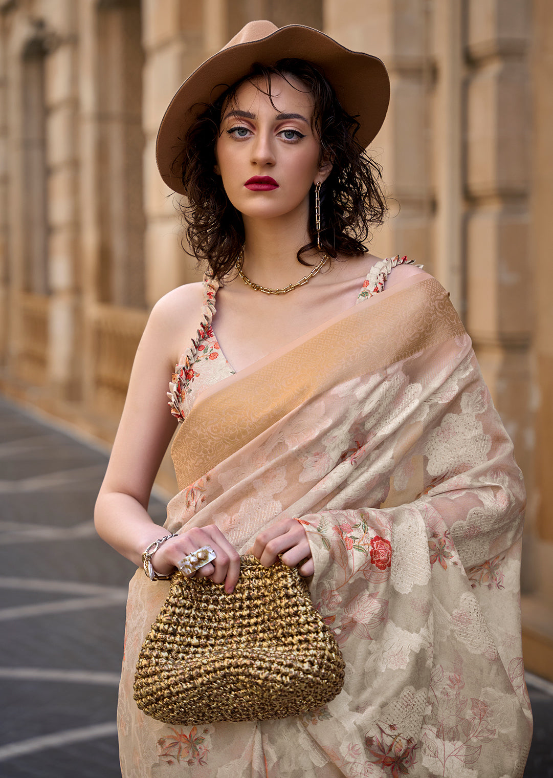 Pearl Off White Woven Printed Brasso Handloom Silk Saree