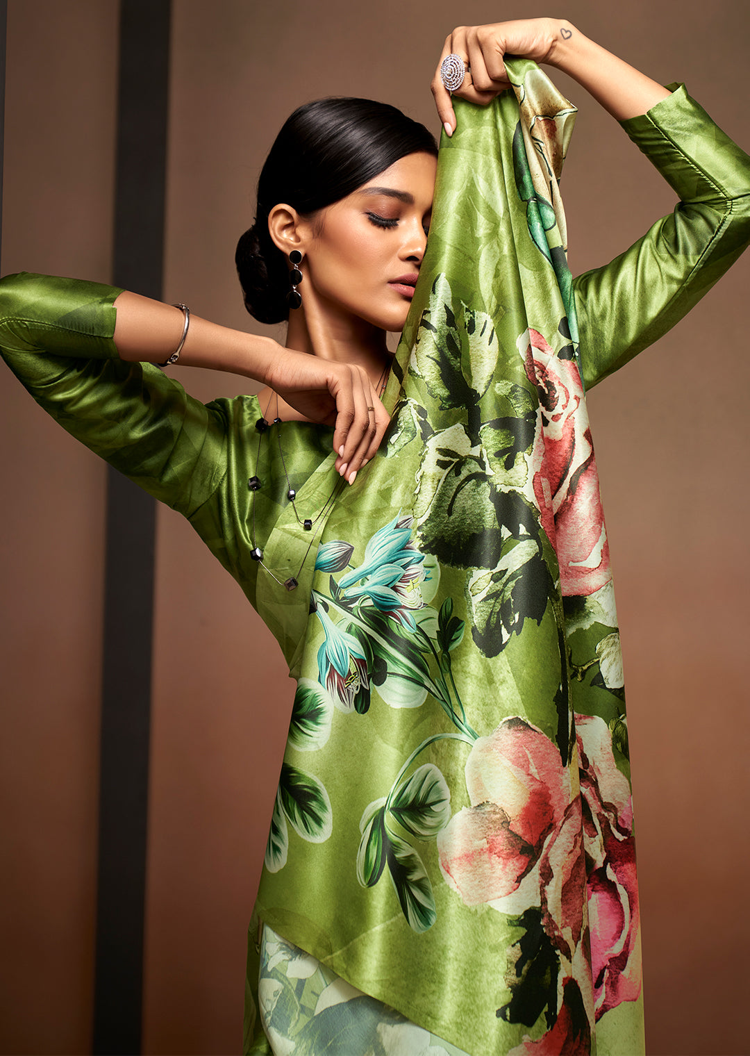 Olive Green Woven Digital Printed Satin Crepe Silk Saree