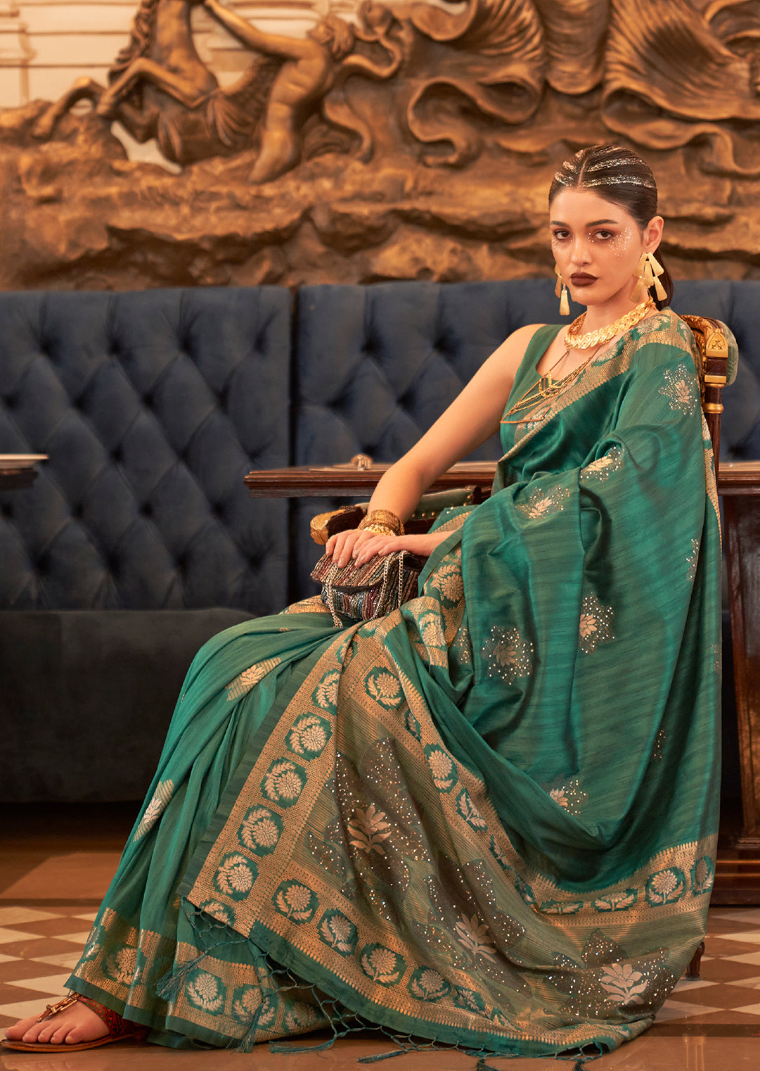 Bottle Green Woven Pure Handloom Tussar Silk Saree