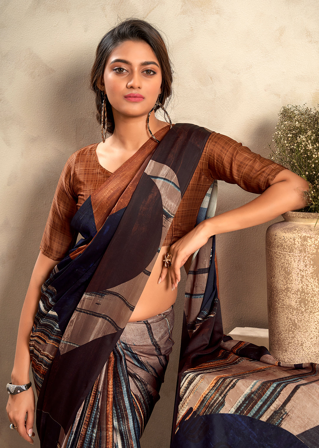 Brown Woven Digital Printed Crepe Silk Saree