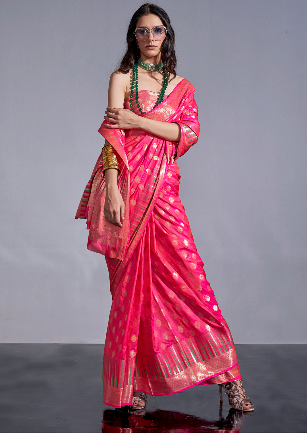 Ruby Pink Zari Woven Pure Handloom Gadwal Banarasi Silk Saree