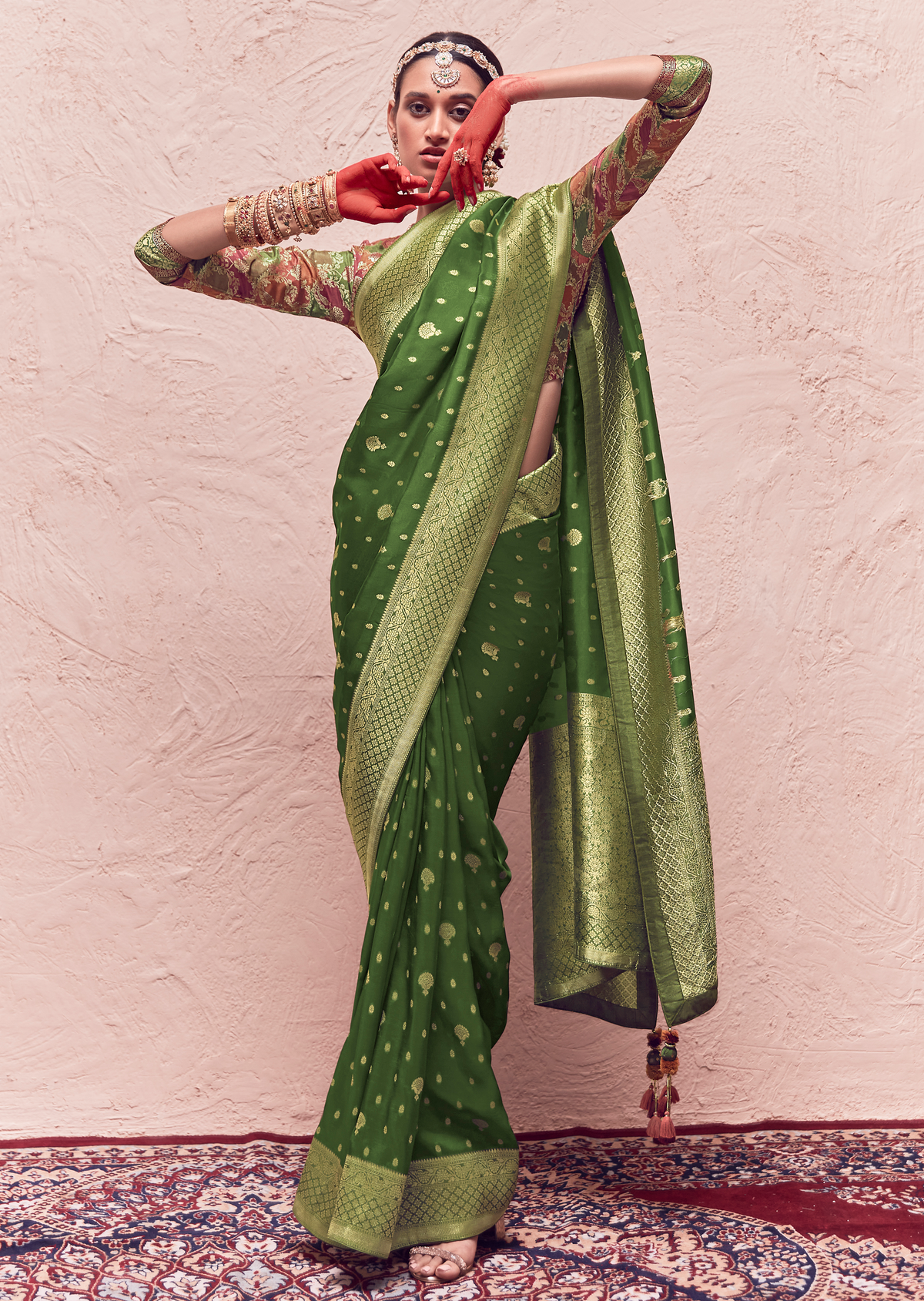 DEEP OLIVE GREEN PURE CREPE SILK DESIGNER KHADDI BANARASI SAREE