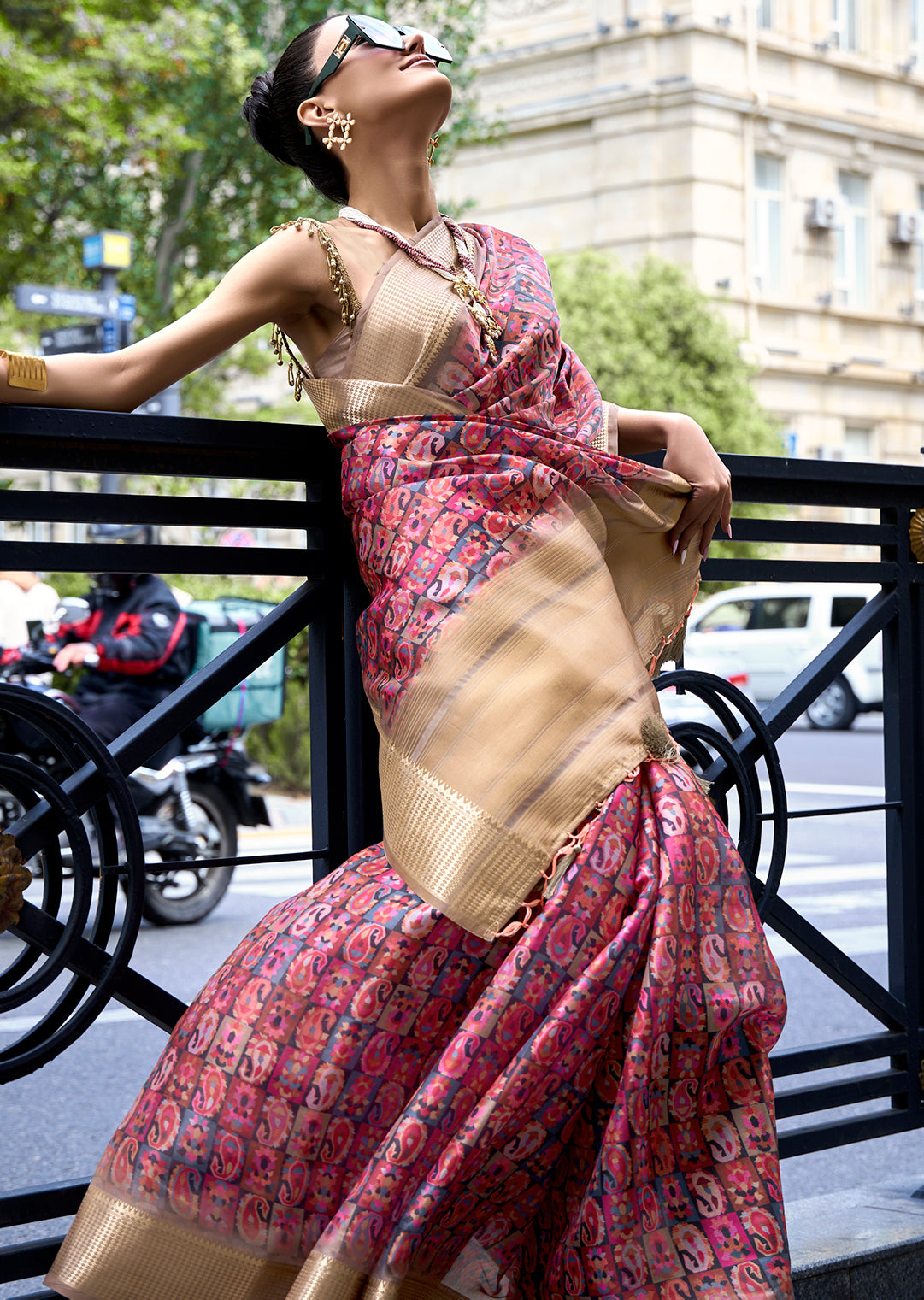 Pink Woven Pure Satin Organza Silk Saree