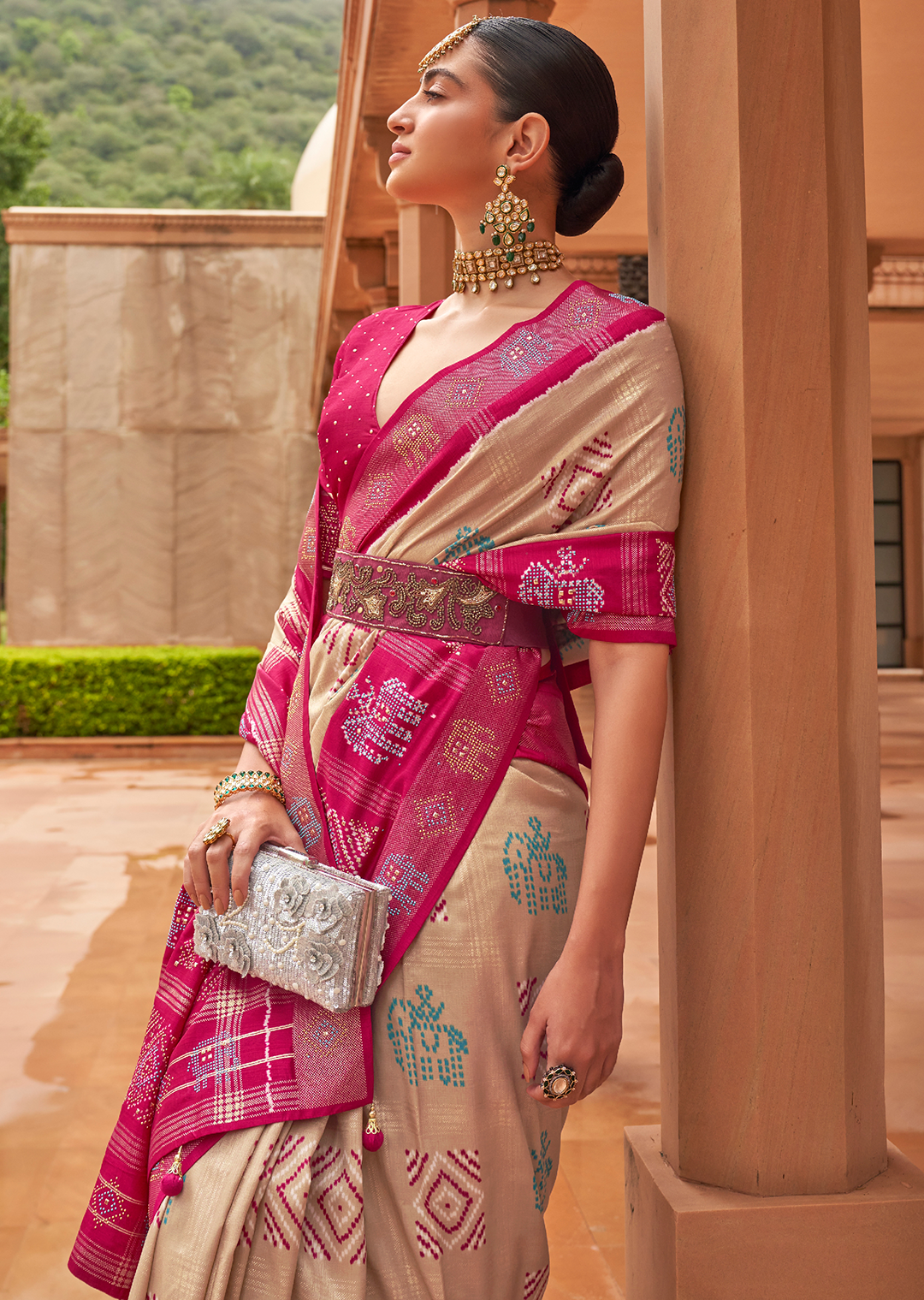 Warm Beige Woven Traditional Bandhani Patola Silk Saree