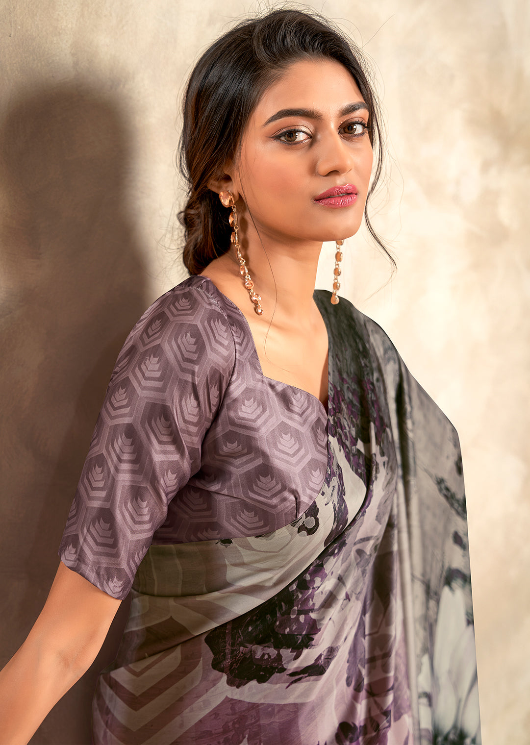 Heather Purple Woven Digital Printed Crepe Silk Saree