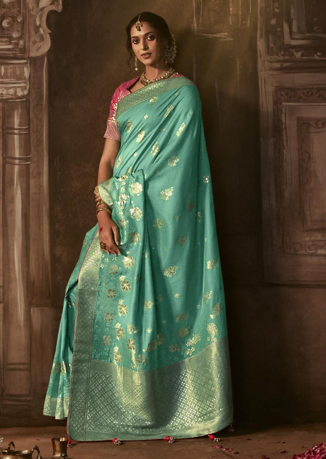 PEARL AQUA BLUE WOVEN PURE CREPE SILK DESIGNER BANARASI SAREE