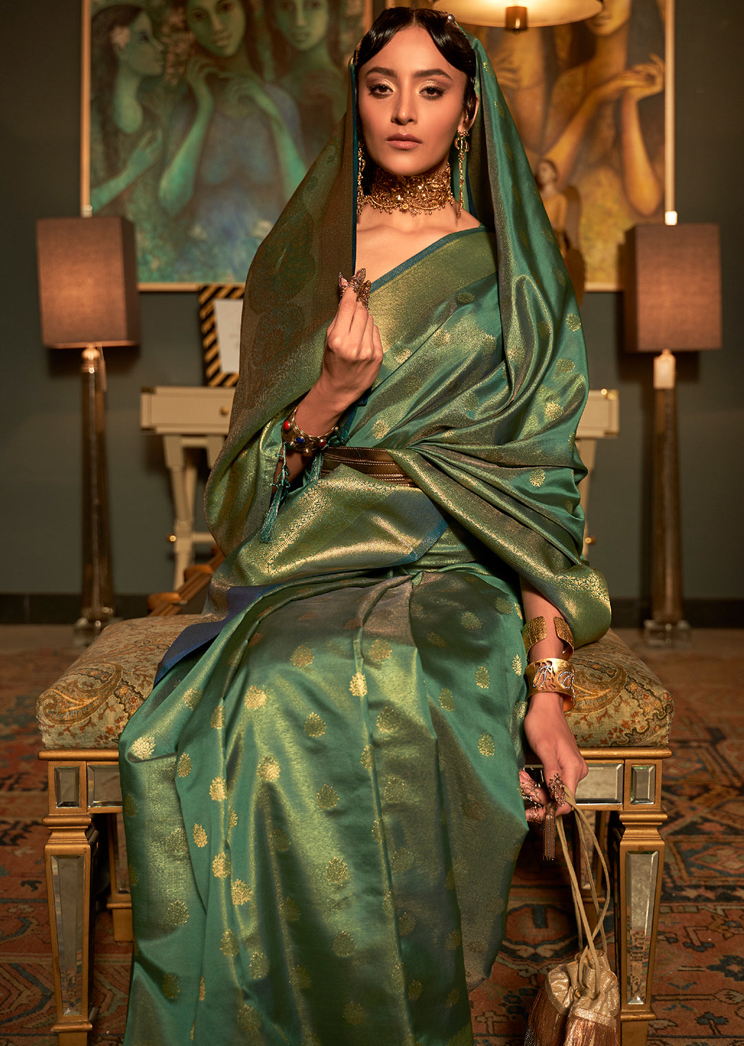 Golden Teal Green Zari Woven Pure Handloom Kanjivaram Silk Saree