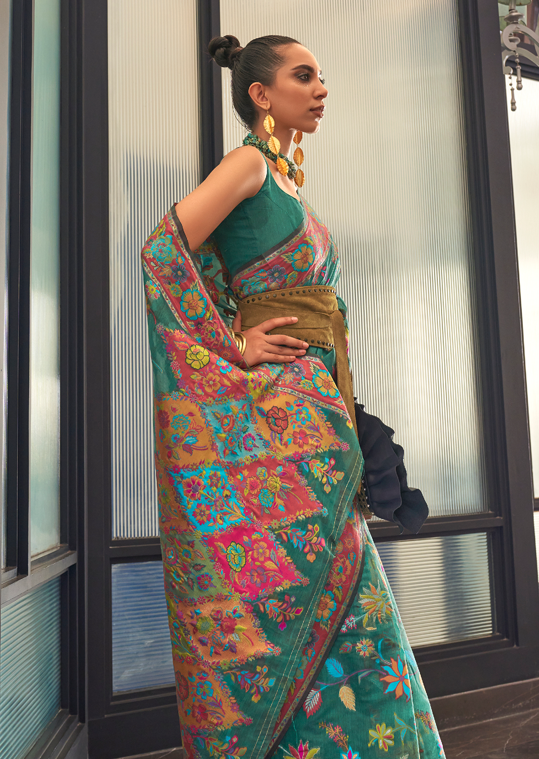 Teal Green Woven Pure Handloom Kashmiri Jamewar Silk Saree