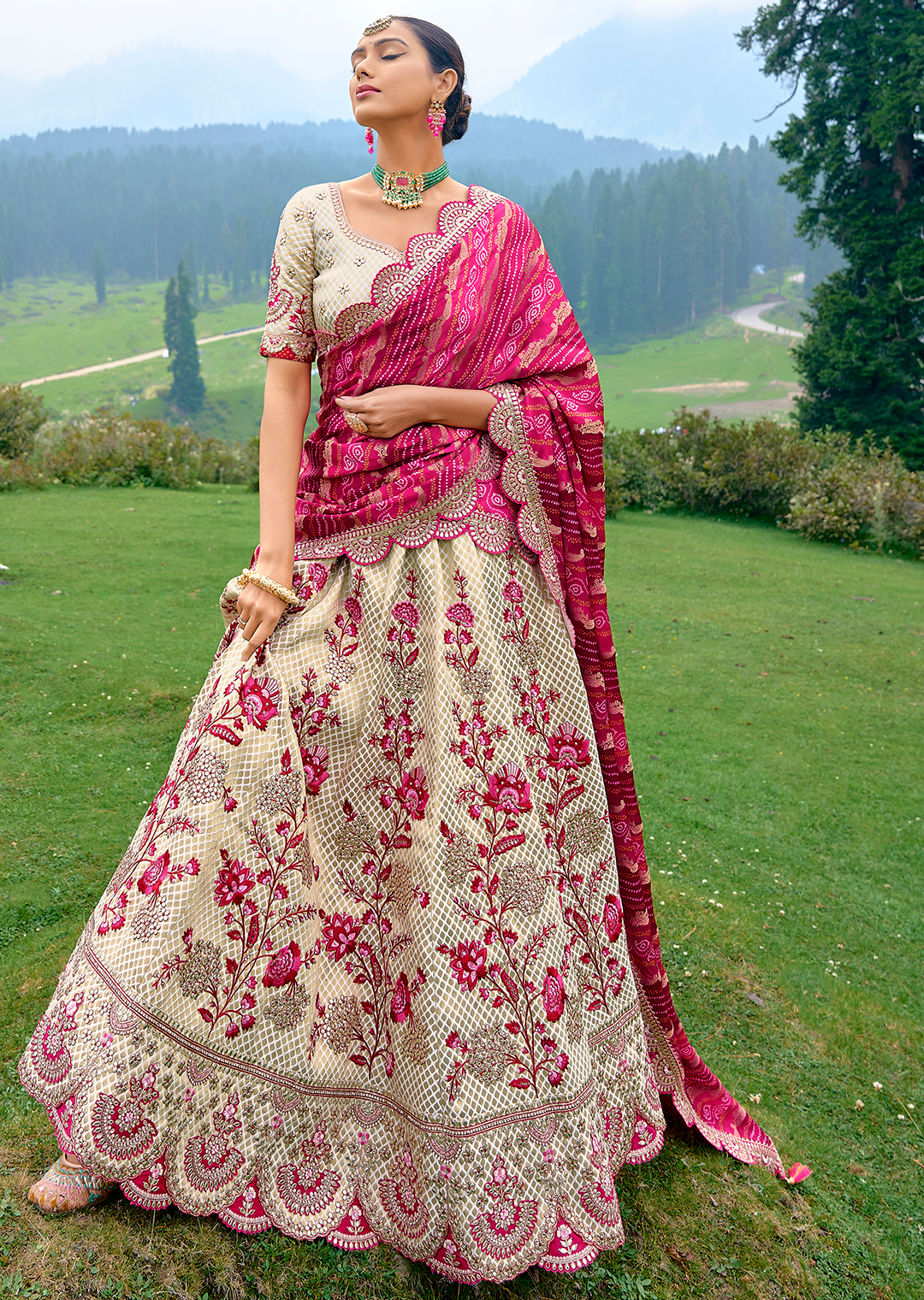 Pearl White & Pink Heavy Embroidered Premium Designer Silk Lehenga