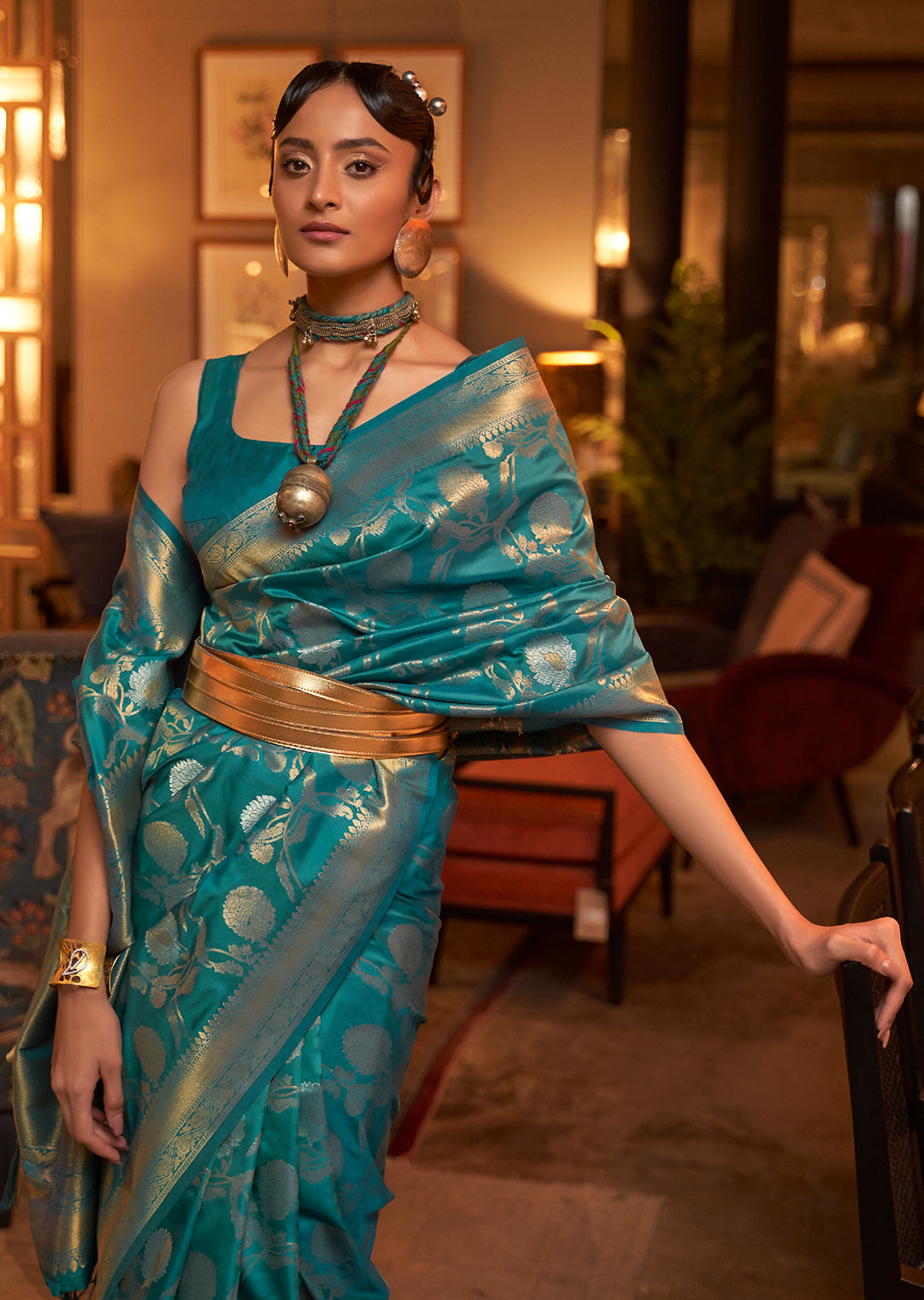 TEAL BLUE ZARI WOVEN HANDLOOM BANARASI SILK SAREE