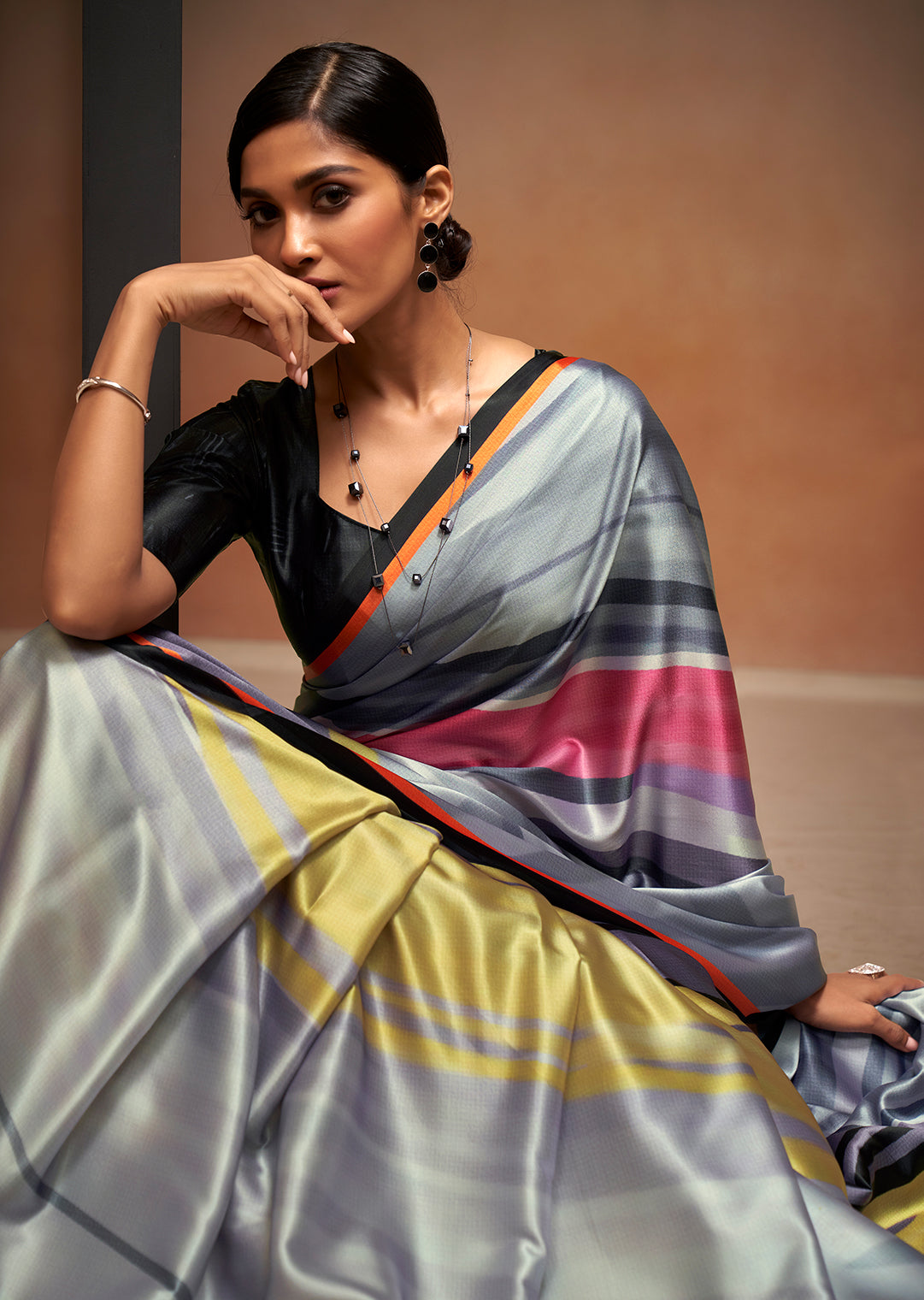 Grey Woven Digital Printed Satin Crepe Silk Saree