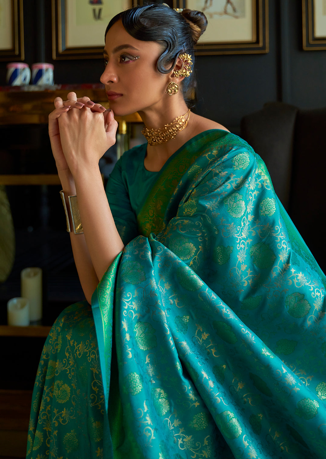 Teal Green Zari Woven Pure Handloom Kanjivaram Silk Saree