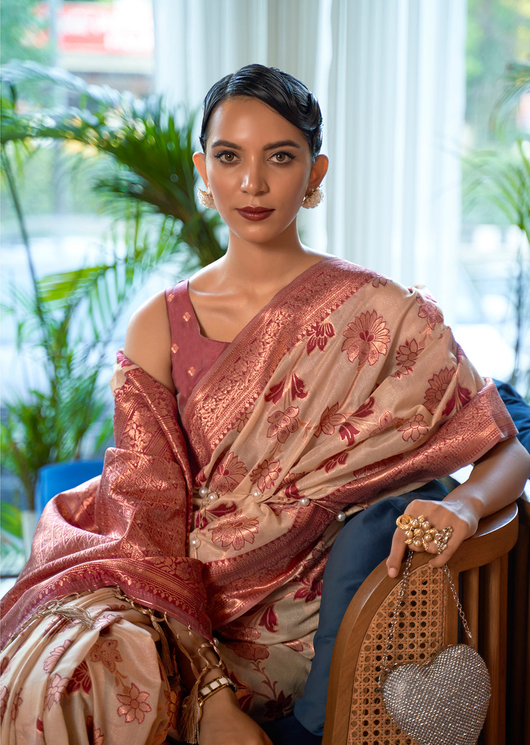 Off White Copper Zari Woven Pure Shimmer Organza Silk Saree