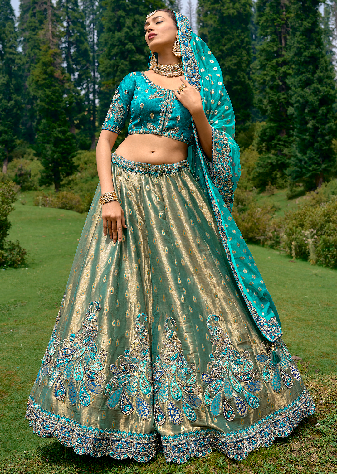 Teal Blue Heavy Embroidered Premium Designer Silk Lehenga