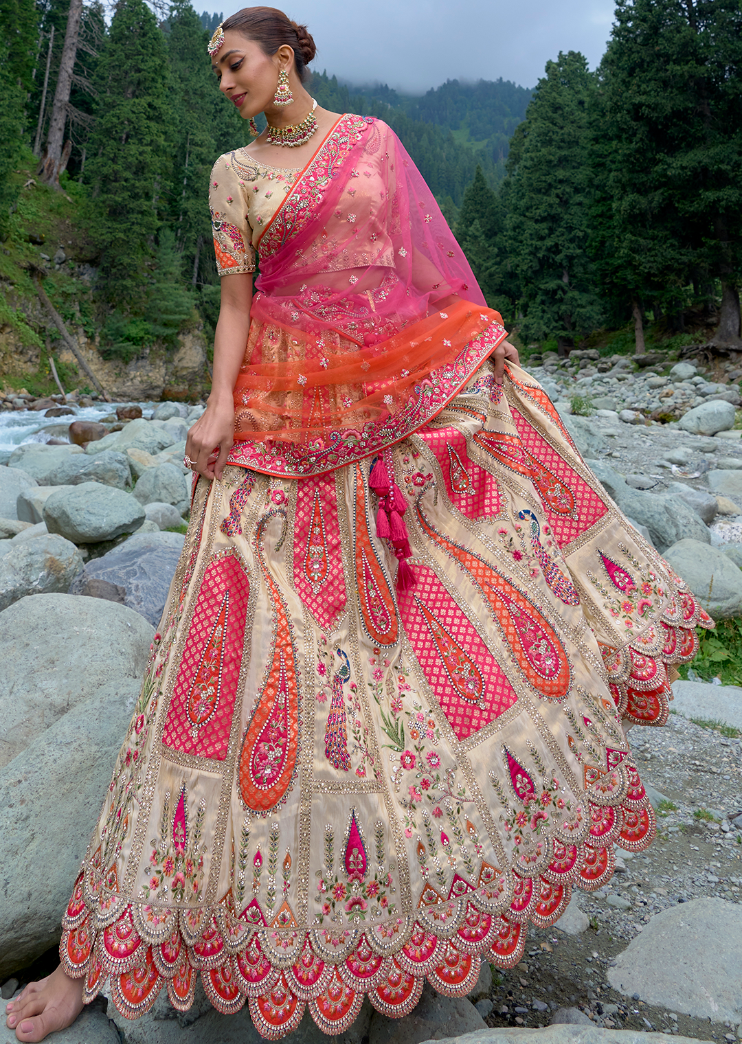 Pearl White Hand Worked Premium Designer Silk Lehenga