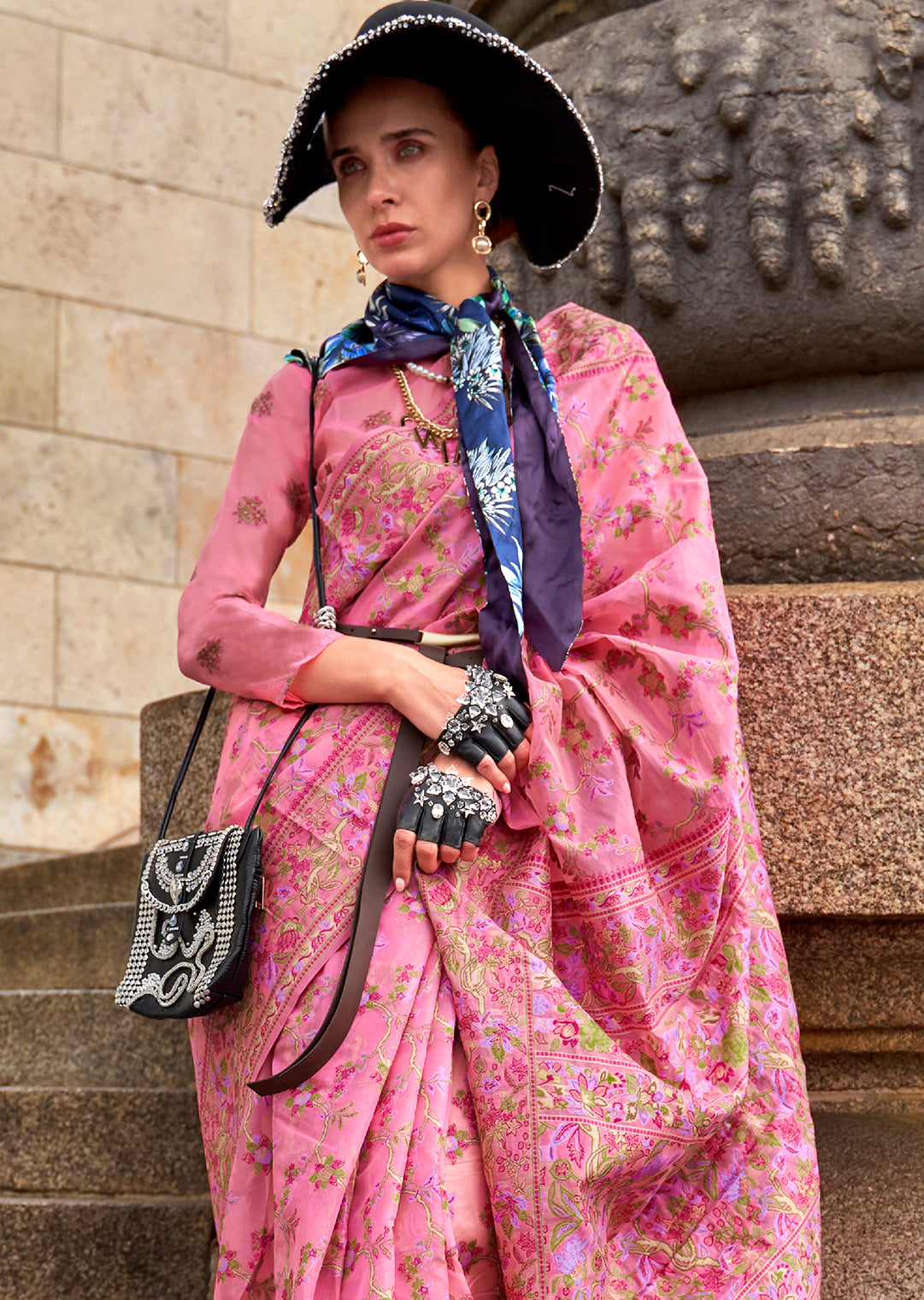 Carnation Pink Woven Pure Handloom Parsi Organza Silk Saree