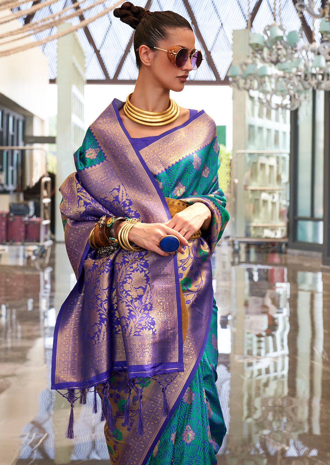 Teal Blue Woven Handloom Banarasi Silk Saree