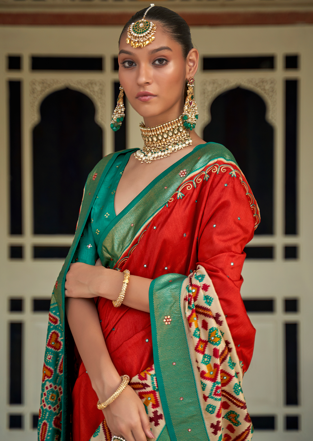 Coral Red Woven Traditional Patola Silk Saree