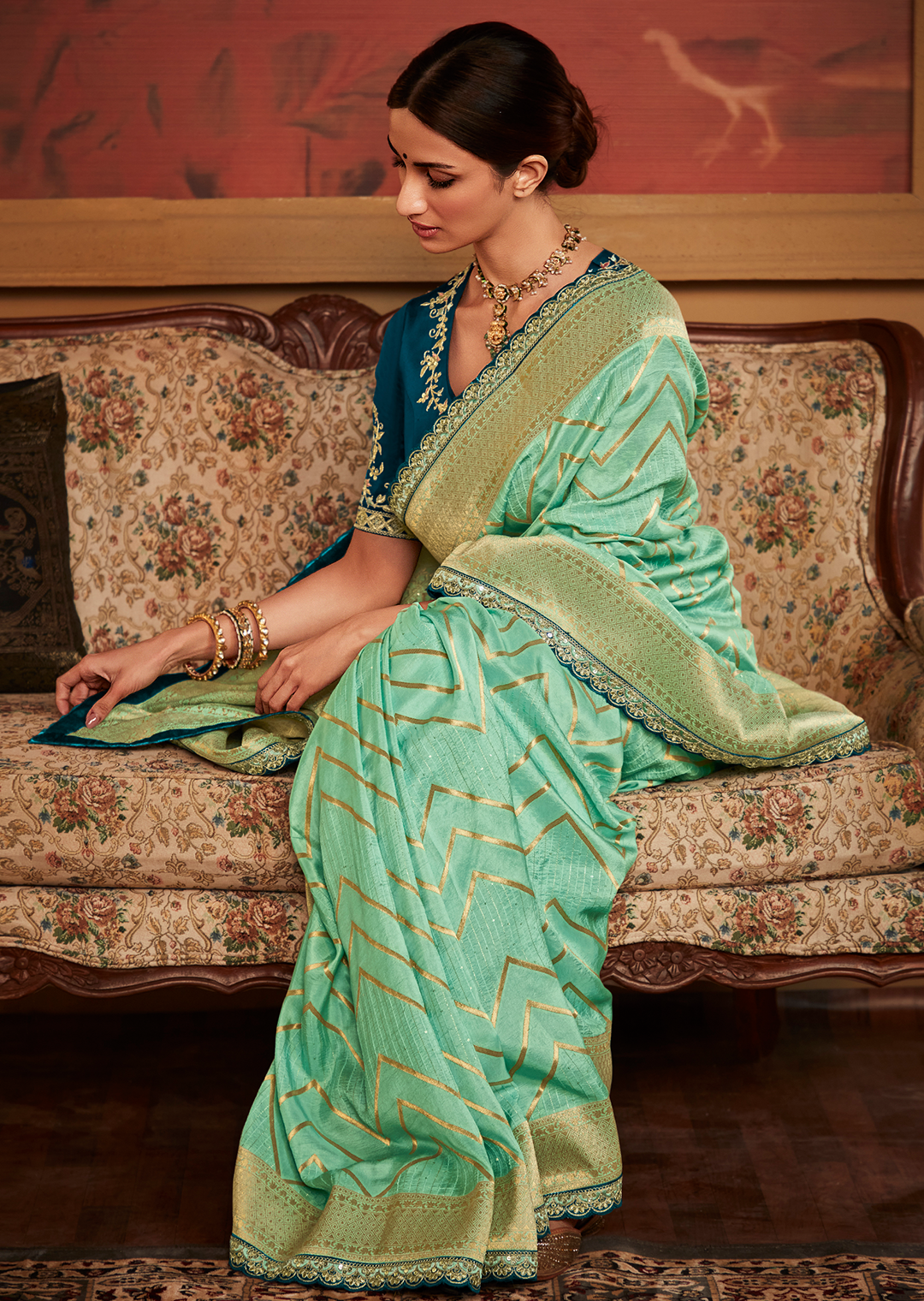 PEARL AQUA  PURE CREPE SILK DESIGNER BANARASI SAREE