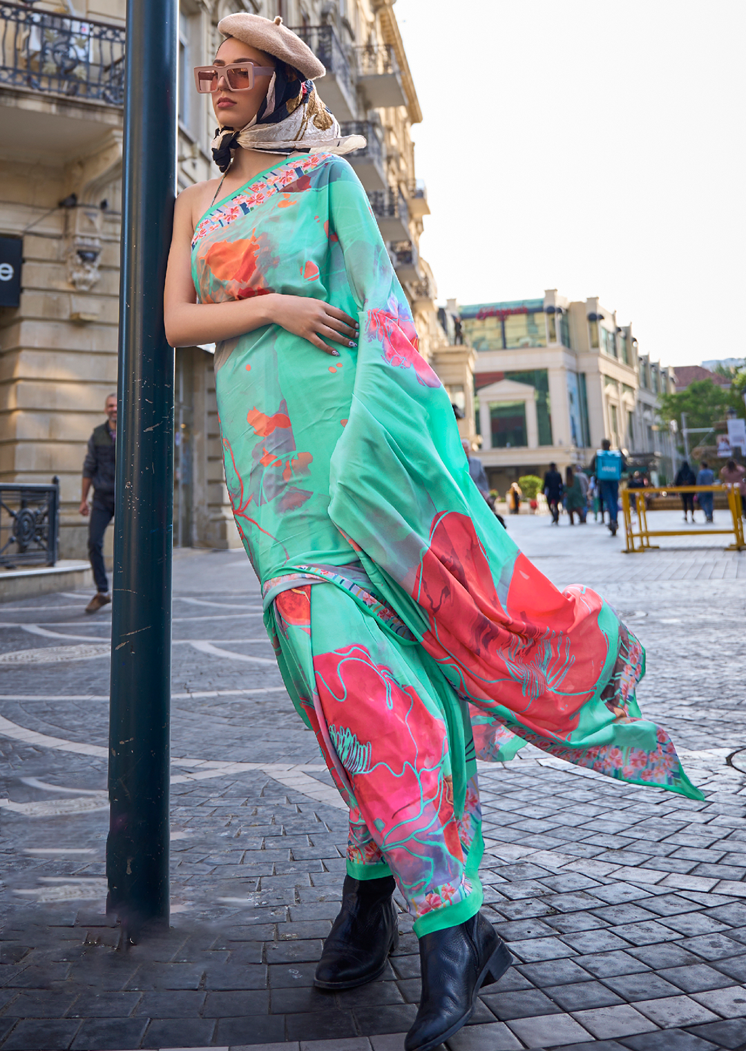 Turquoise Blue Woven Pure Satin Crepe Silk Saree