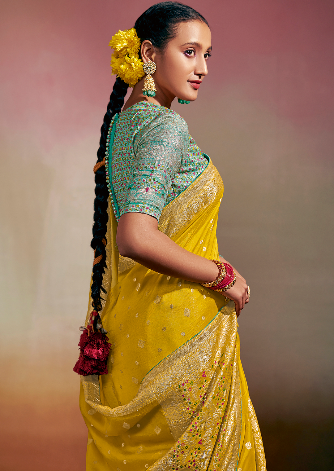 GOLDEN YELLOW WOVEN PURE CHINON CHIFFON DESIGNER SILK SAREE