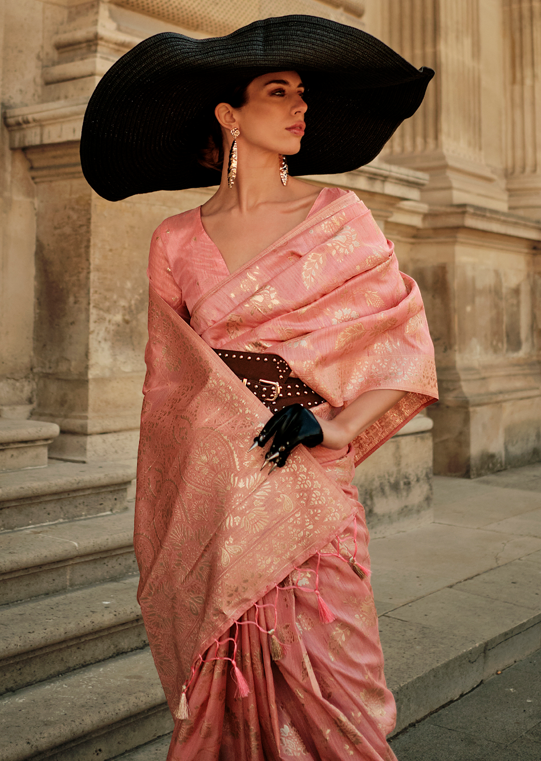 Watermelon Pink Gota Woven Pure Handloom Silk Saree