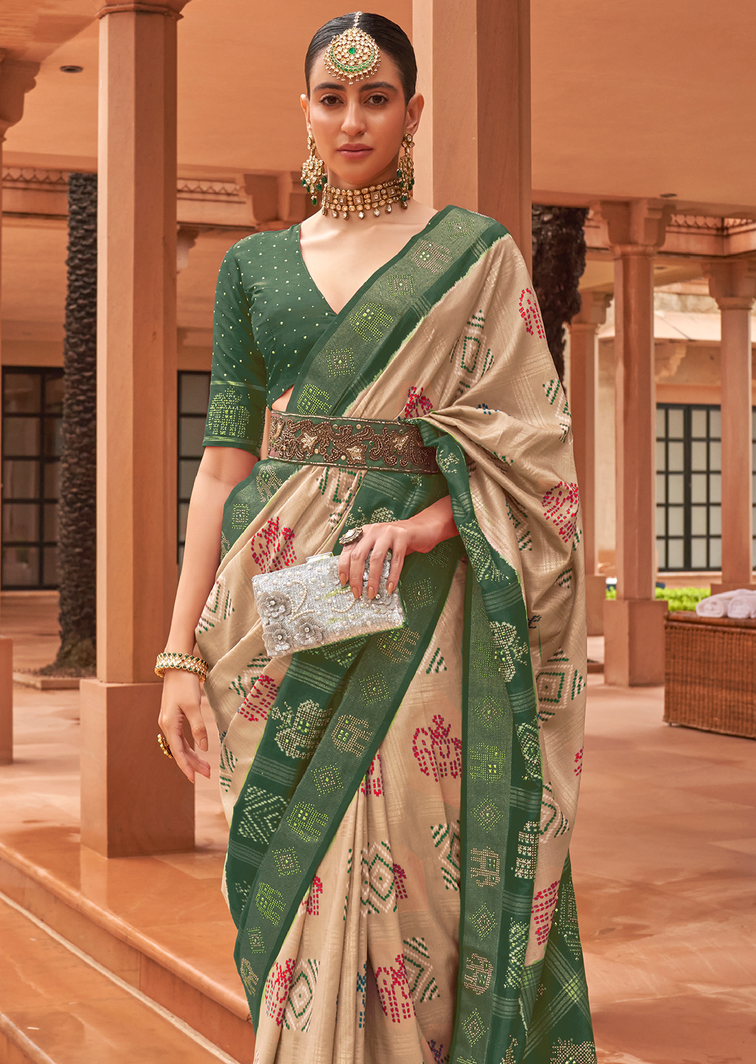 Warm Ivory Woven Traditional Bandhani Patola Silk Saree