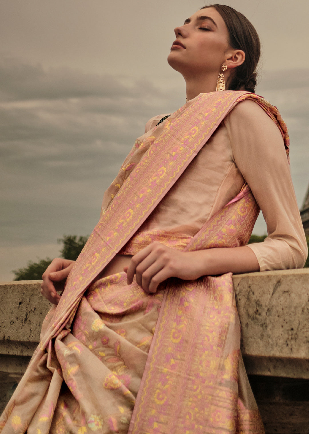 Beige Woven Pure Handloom Kashmiri Organza Silk Saree