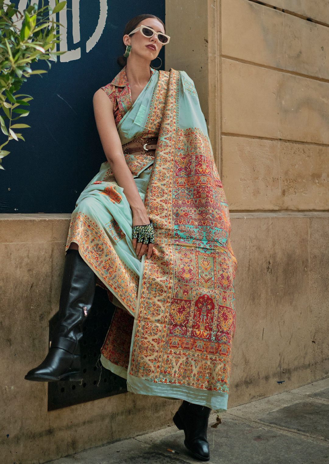 Sky Blue Woven Pure Handloom Kashmiri Jamewar Silk Saree