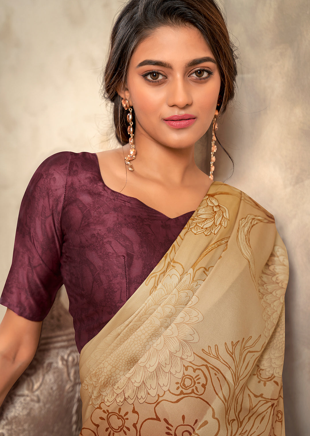 Deep Beige Woven Digital Printed Crepe Silk Saree