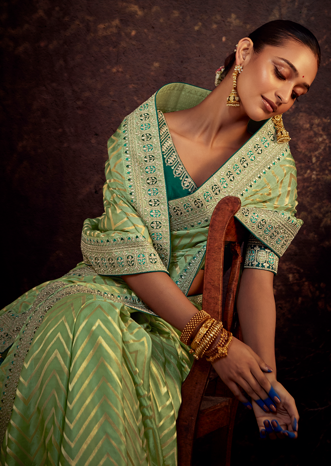 TEA GREEN HEAVY EMBROIDERED DESIGNER SILK SAREE