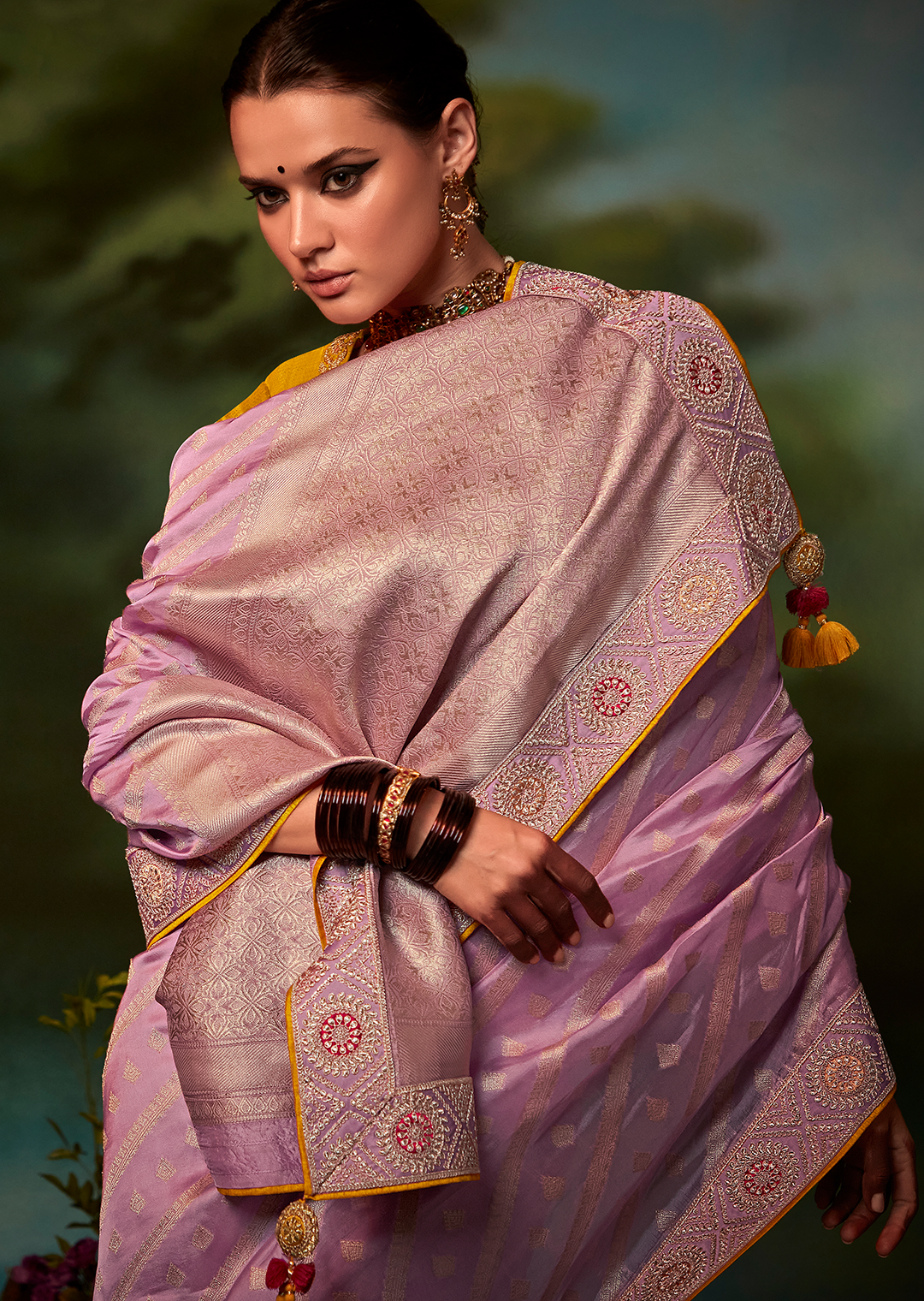 WISTERIA PURPLE HEAVY EMBROIDERED DESIGNER BANARASI SILK SAREE