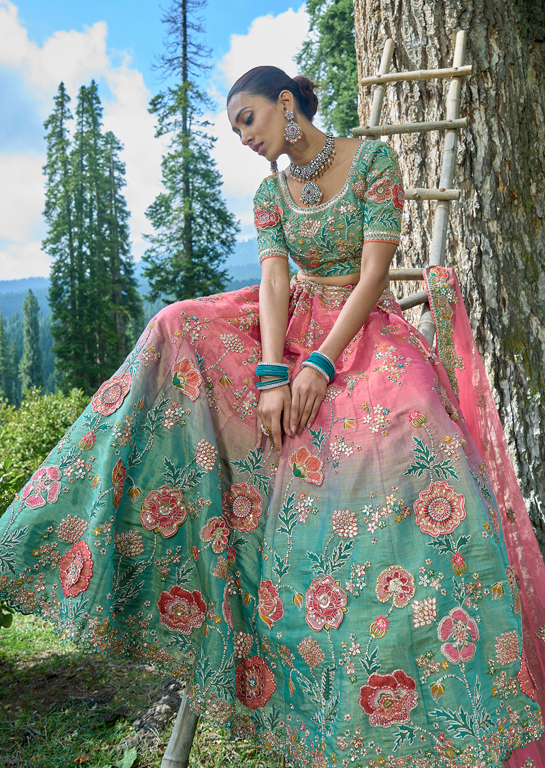 Carrot Pink & Pearl Aqua Hand Worked Premium Designer Silk Lehenga