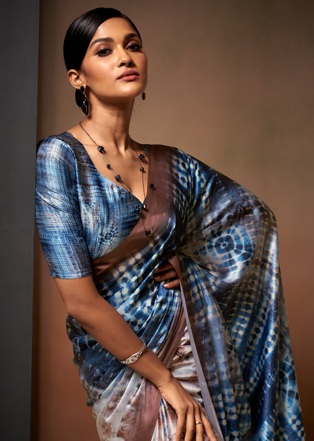 Steel Blue Woven Digital Printed Satin Crepe Silk Saree