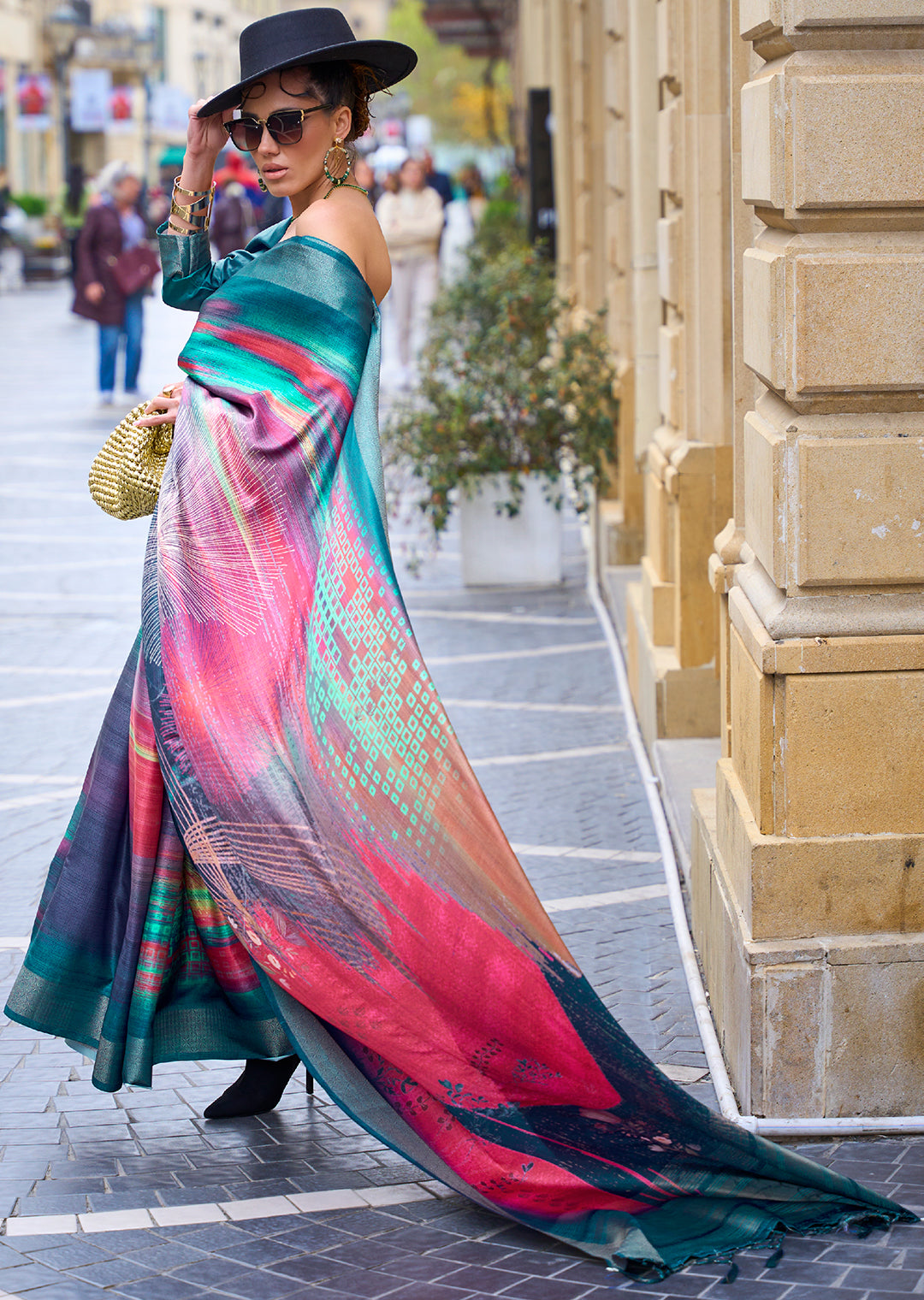 Teal Blue Woven Pure Handloom Printed Gajji Silk Saree