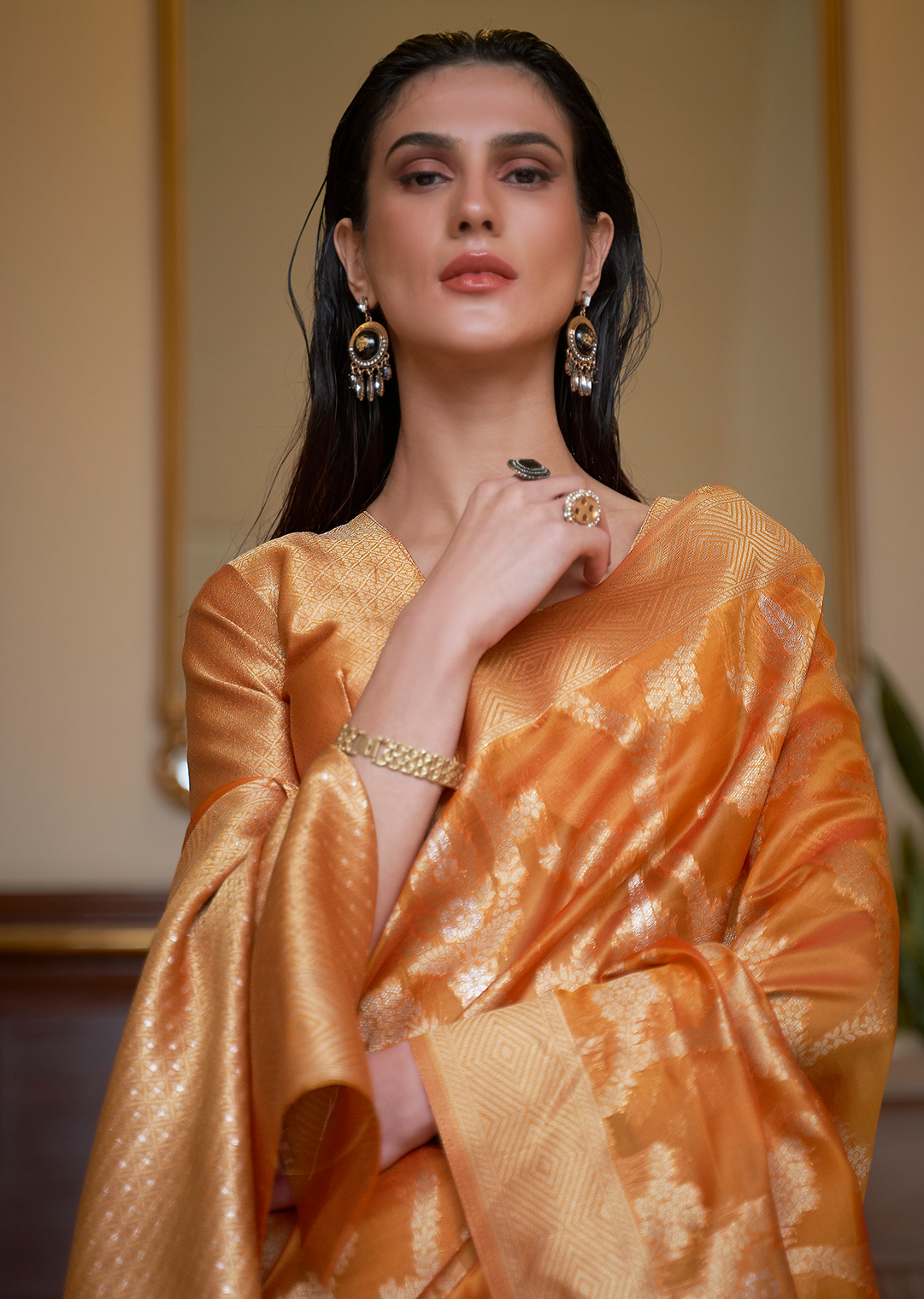 MUSTARD YELLOW ZARI WOVEN HANDLOOM ORGANZA SILK SAREE