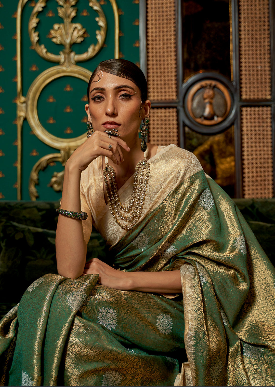 GOLDEN SAGE GREEN	ZARI WOVEN HANDLOOM KANJIVARAM SILK SAREE